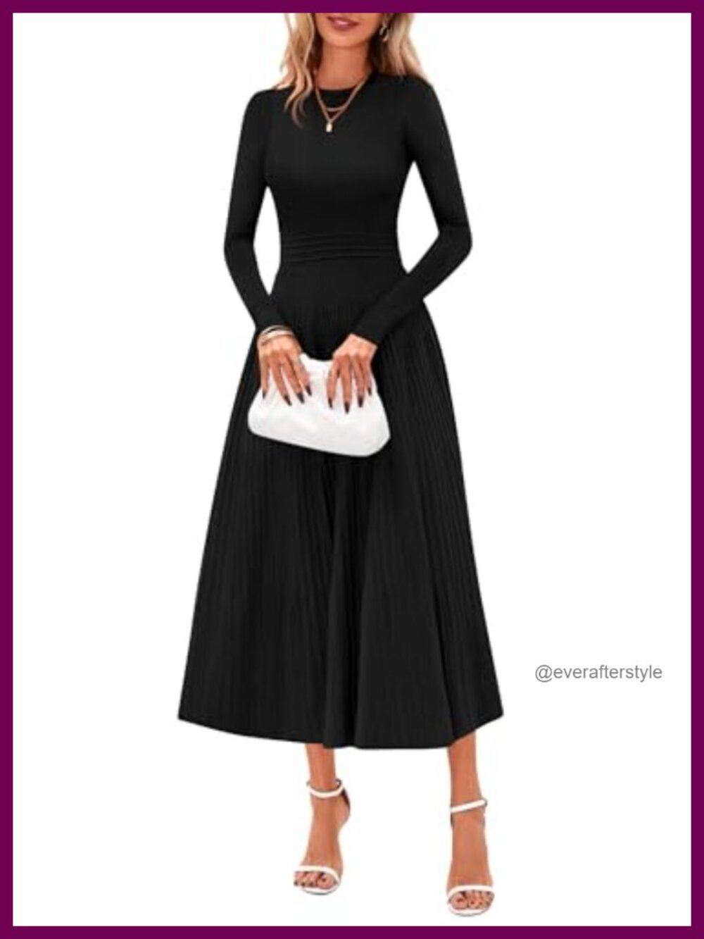 Long Sleeve Knit Maxi Sweater Dress Crew Neck Pleated A-Line Cocktail